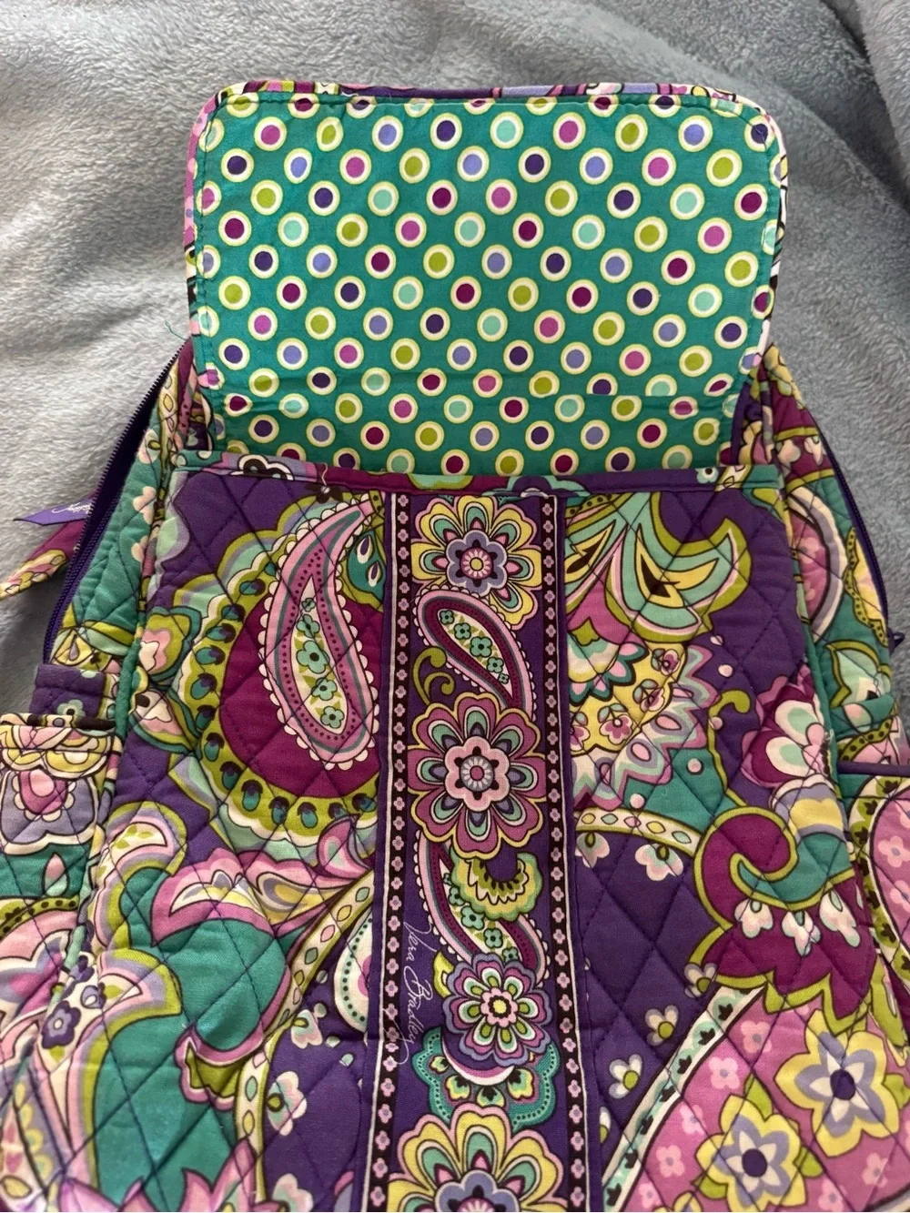 Vera Bradley Quilted Paisley Backpack in Purple, Green, Yellow, Pink